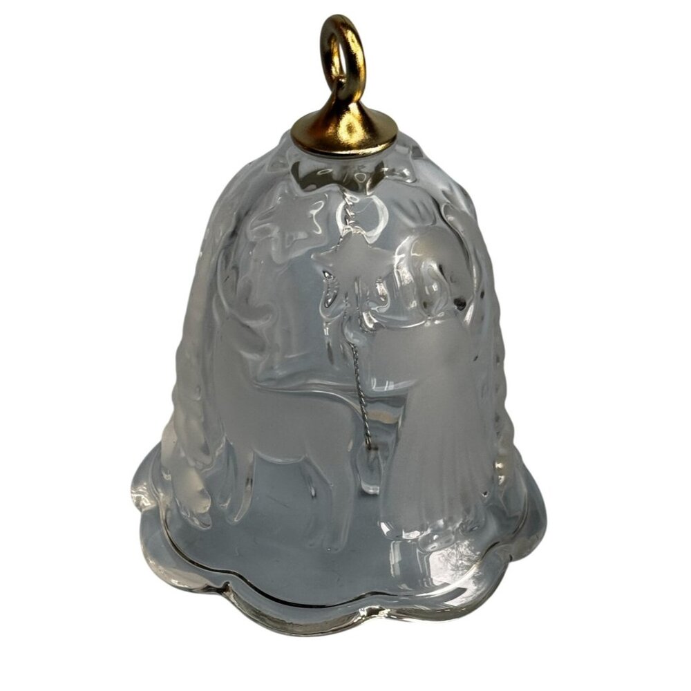 Frosted Glass Bell Ornament Deer & Angel Scene Gold Trim 3.5 Inch - Picture 4 of 6
